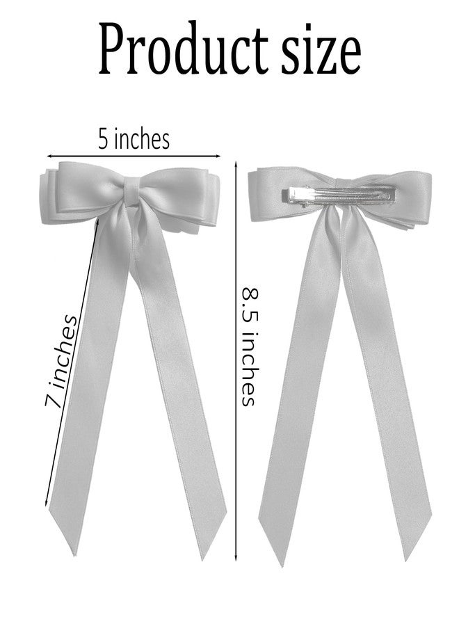 TULOBI 2PCS Gray Hair Bows Solid Satin Polyester Ribbon Bow Hair Clips Ponytail Big French Hair Barrettes with Long Tail Wedding Dress Decor Hair Accessories for Women Toddler Teen Girls - Image 2